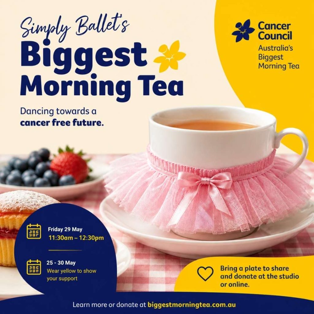A tea cup in a tutu promoting Simply Ballet's Biggest Morning Tea