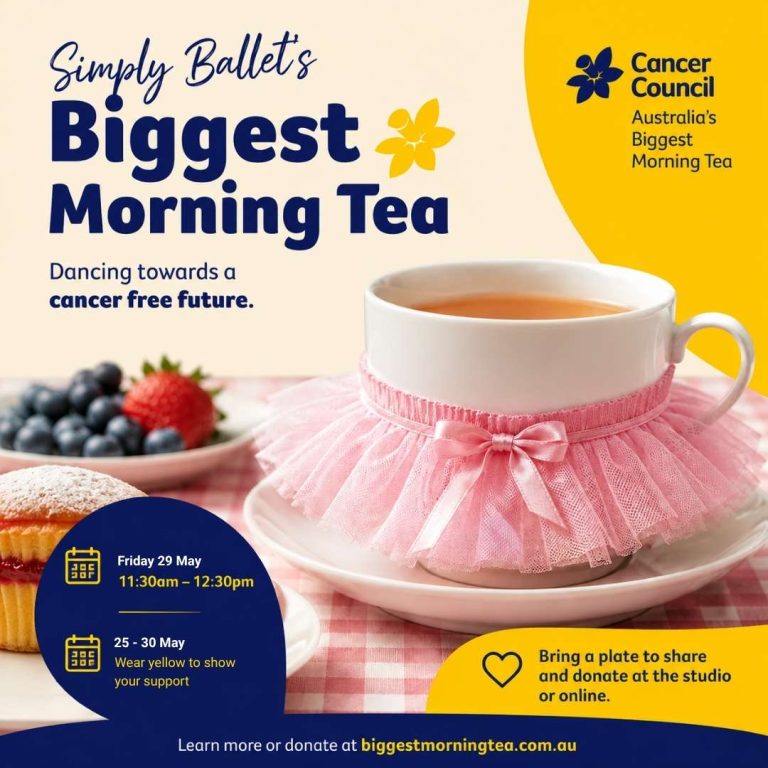 A tea cup in a tutu promoting Simply Ballet's Biggest Morning Tea