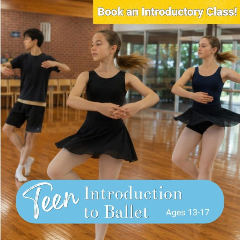 Teenage boys and girls in a ballet class doing a turning step.