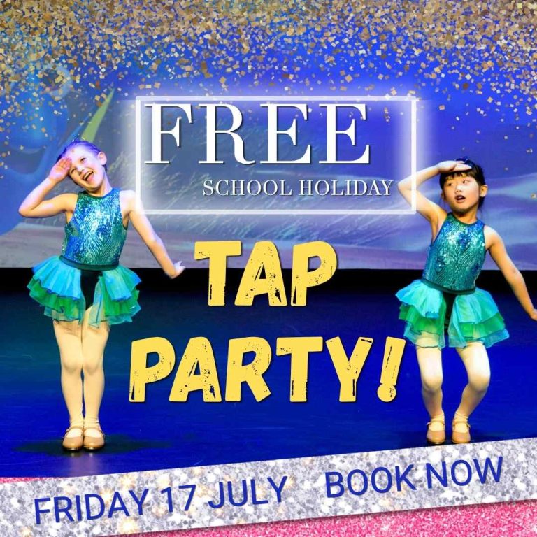 Two young tap dancers onstage promoting a free school holiday tap party